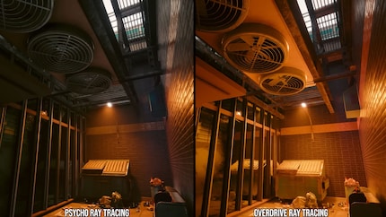 Rasterization (links) vs. Path Tracing (rechts).