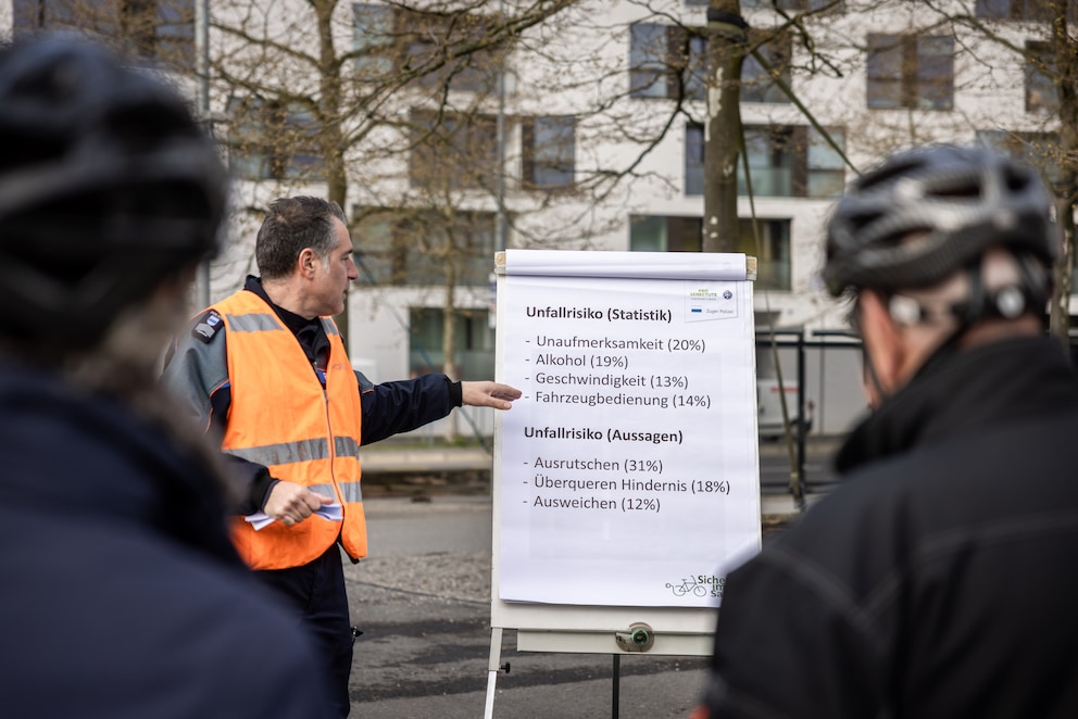Remo Zemp erklärt, wo den E-Bikerinnen und -Bikern die Gefahren im Strassenverkehr drohen.