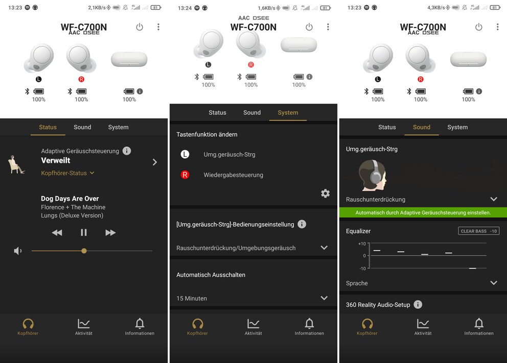 The three main views in the Sony Headphones app.
