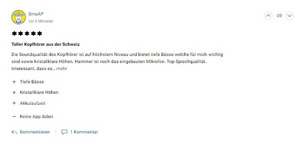 Since deleted: one of the two reviews proved to stem from Andi Be Free itself. (English: The sound quality of these headphones is top-notch, providing the deep bass that’s important to me as well as crystal clear highs. The built-in microphone is also great. Top voice quality. What’s interesting is ..._)