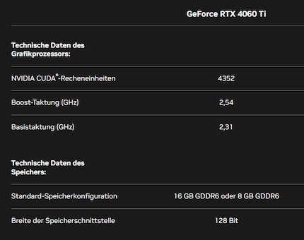 The most important specifications of the RTX 4060 Ti 8 GB.