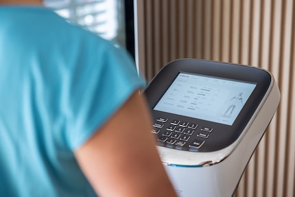 The machine measures not only weight, but also body composition.