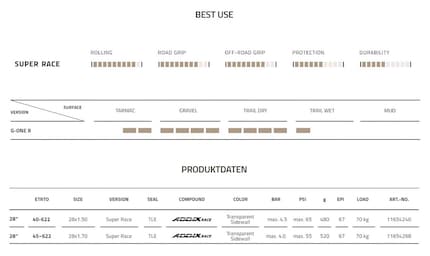 Die Spezifikationen der G-One R, wobei der Load 100 Kilogramm beträgt, nicht wie hier angegeben 70 Kilo.