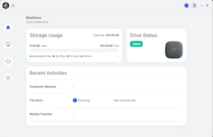 In the main menu, you can monitor your BeeDrive, make settings or set up backups.