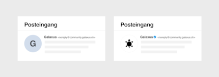 Die Abbildung zeigt Galaxus in deinem Postfach mit und ohne Haken.