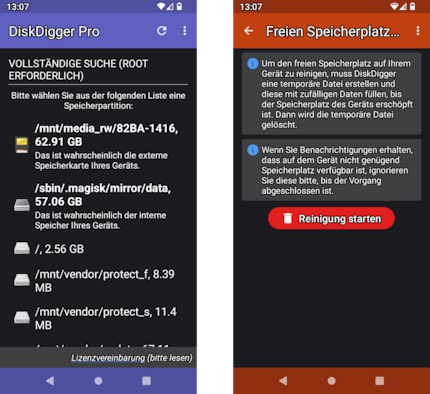 DiskDigger Pro kann gelöschte Dateien wiederherstellen – oder den freien Speicherplatz reinigen.