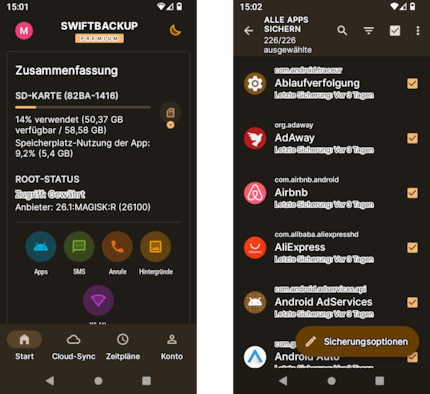 SwiftBackup erstellt mir Lokal- oder Cloud-Backups von Apps (auch System Apps) und mehr.