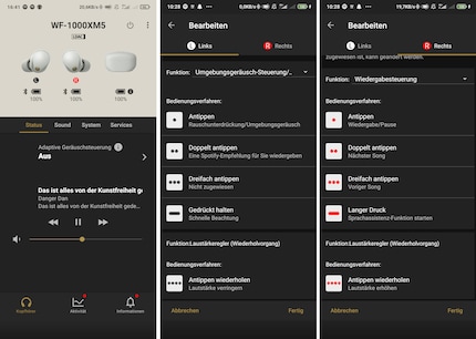 Ganz links im Bild ist die Startseite der App, die beiden weiteren Bilder zeigen die Steuerungsoptionen für die Ohrhörer