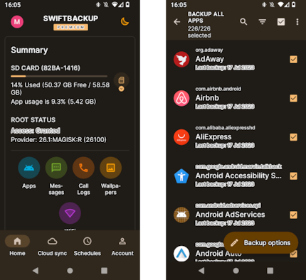 SwiftBackup creates local or cloud backups of apps (including system apps) and more.