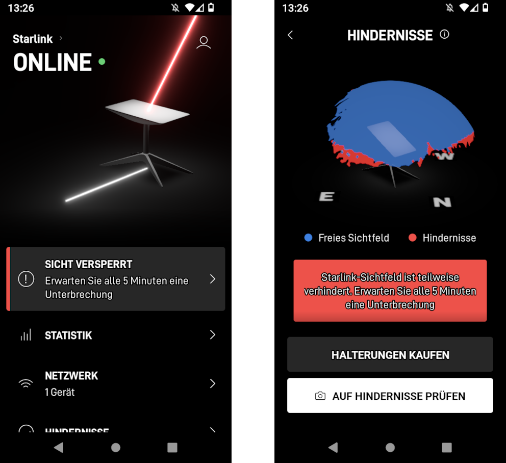 Die Starlink-Satellitenschüssel richtet sich nicht nur automatisch aus – auch meldet die App automatisch, wenn etwas nicht stimmt.