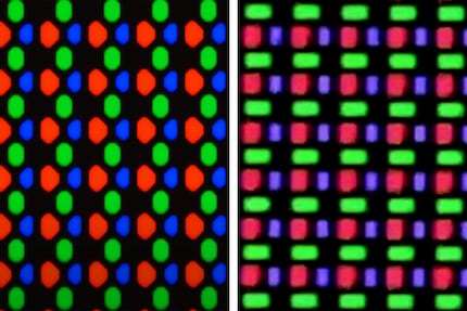 On the left, the subpixel pattern of previous QD-OLED panels. On the right, the new one in the Asus ROG Swift PG32UCDM. It’s intended to reduce typical colour fringing and ensure better text sharpness. By the way, the sharpness of the subpixels in these images isn’t representative; the one on the right was probably taken handheld.