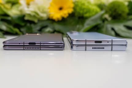 The Honor Magic V2 (left) next to the Galaxy Z Fold 5 (right).