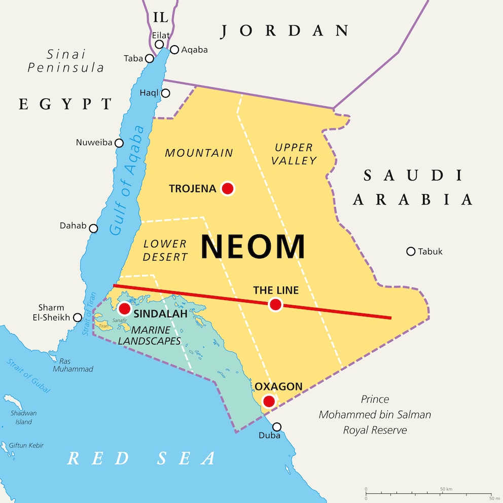 Die geplante Smart City «The Line»: In der saudi-arabischen Region Neom soll die Planstadt »The Line« entstehen. Die Bauarbeiten haben im Oktober 2022 begonnen.