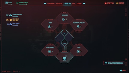 Neben bekannten Attributen wie «Intelligence», «Body» und «Cool» gibt es neu auch einen «Relic»-Skilltree. Mit diesem kannst du dein tödliches Implantat verbessern.