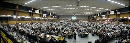 In the midst of the first LAN party boom, Lanforce 5 squeezes 1,500 gamers into a Bern exhibition hall.