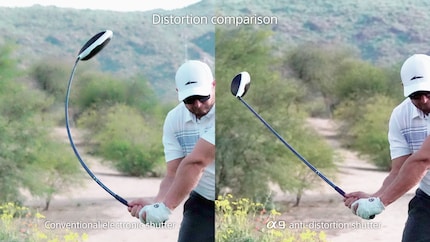 Bisherige Stacked-Sensoren wie bei der Sony A9 II (rechts) verzerren schnelle Bewegungen bereits weniger als normale Sensoren (links). Doch der Golfschläger ist noch immer leicht krumm. Mit dem Global Shutter wäre er schnurgerade.