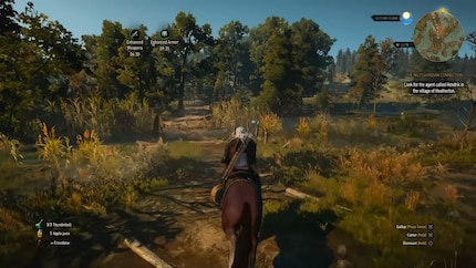 Alles, was ich in der Haut des Hexers Geralt tun muss, um mein Ziel zu erreichen, ist der gepunkteten Linie auf der Minimap zu folgen.