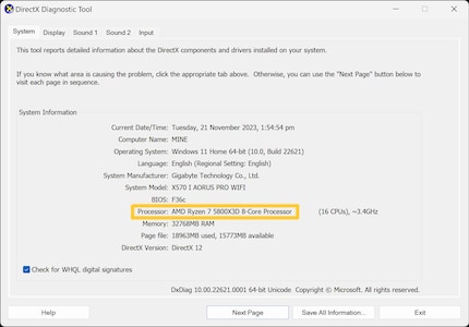 Im DirectX Diagnostics Tool liest du nicht nur deinen Prozessor aus, sondern findest weitere Details zu deiner Maschine.