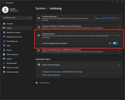 Energiesparmodus auf dem Desktop-PC: kann unter «Einstellungen > System > Leistung» und in den Schnelleinstellungen aktiviert werden.