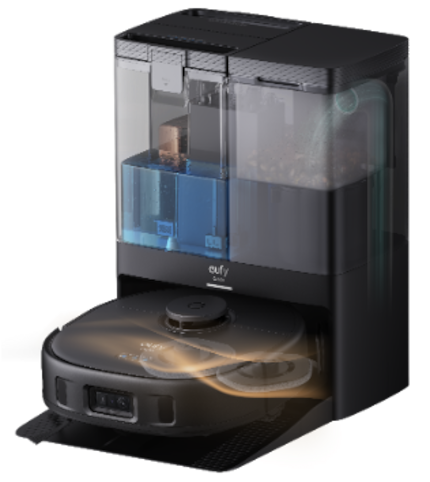 The base station has two tanks, washes and dries the mops and vacuums dust and dirt into a bag.