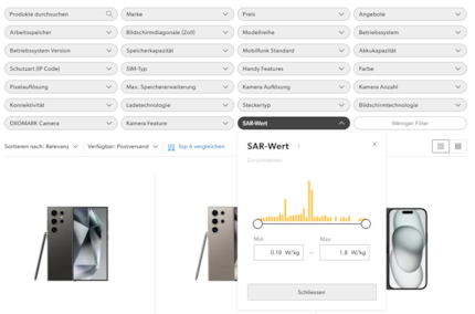 Filtern nach SAR-Wert im Smartphone-Sortiment