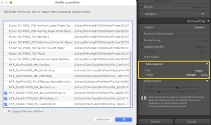 In Lightroom, you can select from a list of installed colour profiles which should be displayed under Color Management.