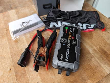 The Noco GB20 Booster comes with clamps, charging cable and a bag.