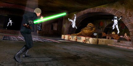 Admittedly: The fact that the Imperial stormtroopers are floating uncontrollably through the air in this screenshot is probably intentional on the part of Jedi Luke Skywalker.