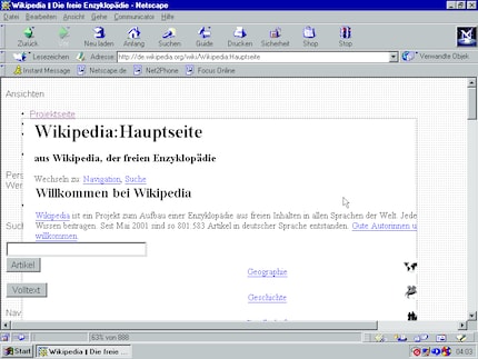 Screenshot of the Wikipedia home page in Netscape in Windows 95