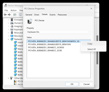 Aus der Hardware-ID «PCI\VEN_8086&DEV_06A4&SUBSYS_86941043&REV_00» benötigst du die Angaben hinter VEN (8086) und DEV (06A4).
