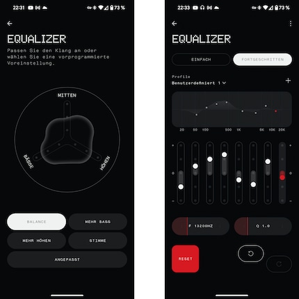Den Equalizer zeigt die Nothing X-App für beide Kopfhörer an, den erweiterten Equalizer nur für die Ear.