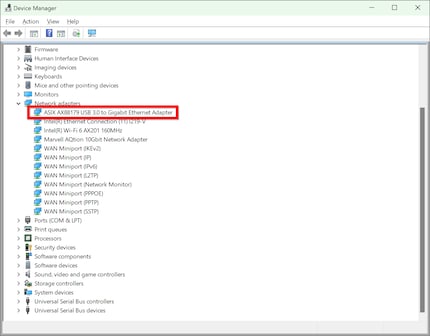 After plugging in, the cable is automatically recognised and listed in the Windows Device Manager under the name of the Ethernet controller chip used.