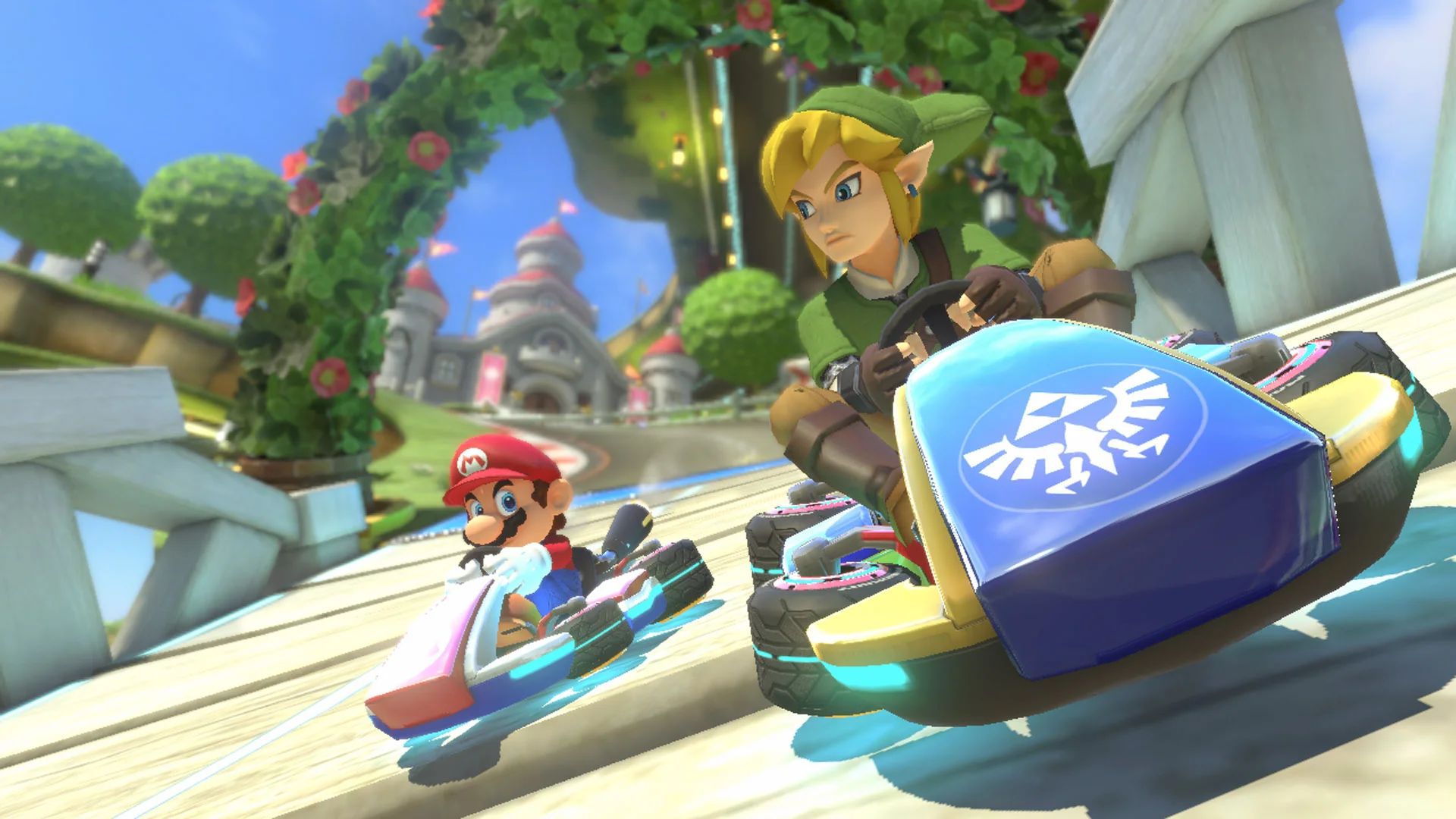 Link as a playable character in Mario Kart 8. Crazy