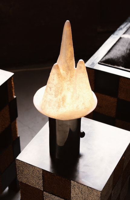 Die Lampe «Eisform» ist aus Edelstahl, Fiberglas, Harz und Acrylfarbe.