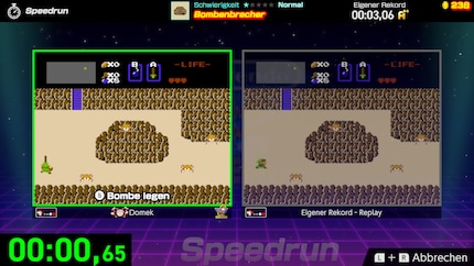 Während eines Speedruns sehe ich rechts wahlweise ein Replay meiner besten Leistung.