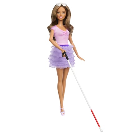 Blind Barbie with a cane and sunglasses.