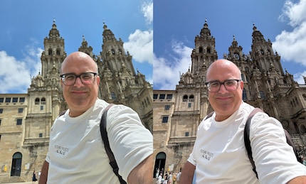 Das Flip (links) und das iPhone (rechts) im Selfievergleich.