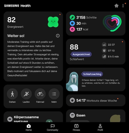 In the Samsung Health dashboard, I have a clear overview of my stats, complete with explanations.