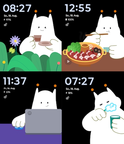 The mascot on the external display adapts his activities to the time of day.