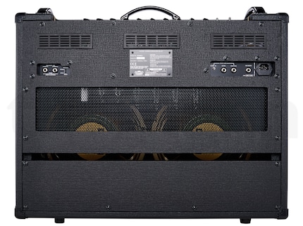 The famous Vox AC30 from 1958 in a new edition. Viewed from the back: like many other guitar combos, the AC30 has two 12-inch built-in speakers.