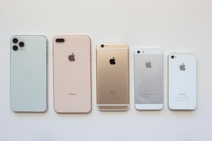 Some old iPhones. From left to right: 11 Pro, 8 Plus, 6S, 5S, 4.