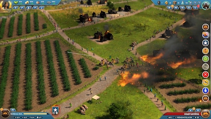 A neat extra: I can see individual citizens when I zoom in. Everything’s on fire and my catapults are firing at an enemy in the neighbouring region.