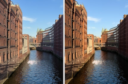 Die Speicherstadt wirkt in der Farbnuance «Neutral» (links) anders als in «Bernstein» (rechts).