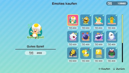 Mit Emotes drücke ich beim Spielen Freud und Leid aus. Ich kann auch weitere hinzukaufen.