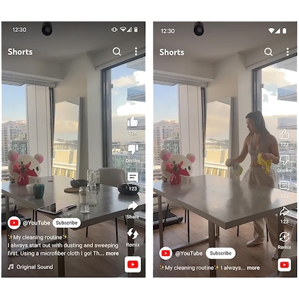 Links siehst du das alte Design, rechts ist das neue Erscheinungsbild der YouTube Shorts.