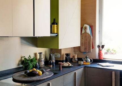 The vase blends seamlessly in with the kitchen decor.