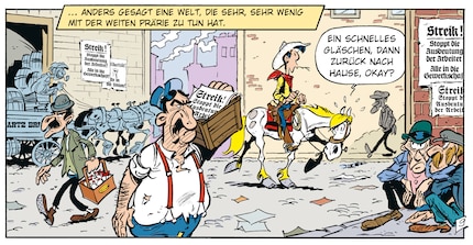 Das Abenteuer führt Lucky Luke in die industrielle Stadt statt in die weite Welt der Prärie.