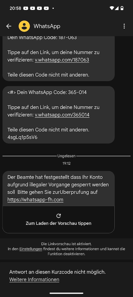 Screenshot des Chatverlaufs: Die untere Nachricht ist ein Phishing-Versuch.