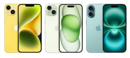 Vor allem die Farben sind anders: iPhone 14, 15 und 16 (von links).