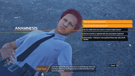 The patient is lying on the ground bleeding and I can ask how I can help.